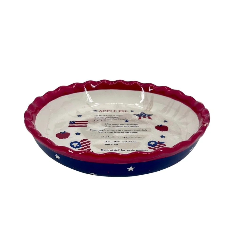 Americana Patriotic Apple Pie Recipe Stoneware Pie Plate 10 Inch Red White Blue